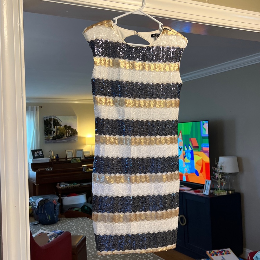 As U Wish White, Gold & Black Sequin Striped Mini Dress